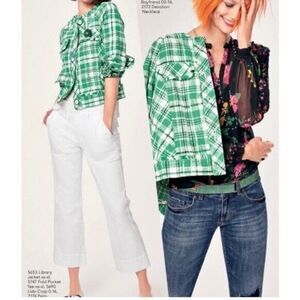 CAbi #5653 Women Tweed Library Jacket Size M Green White Check Print Plaid